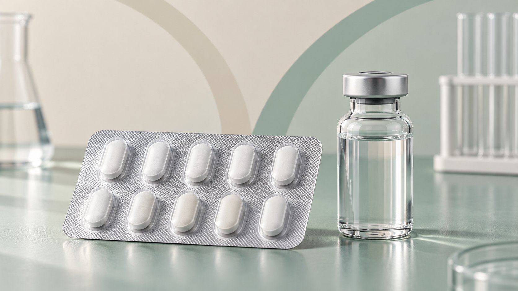 Zenagamtide tablet ve enjeksiyon çalışmalarını simgeleyen etiketsiz blister ve şişe